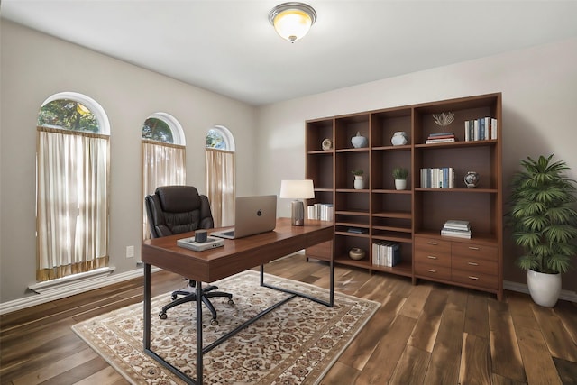 office space featuring plenty of natural light and dark hardwood / wood-style floors