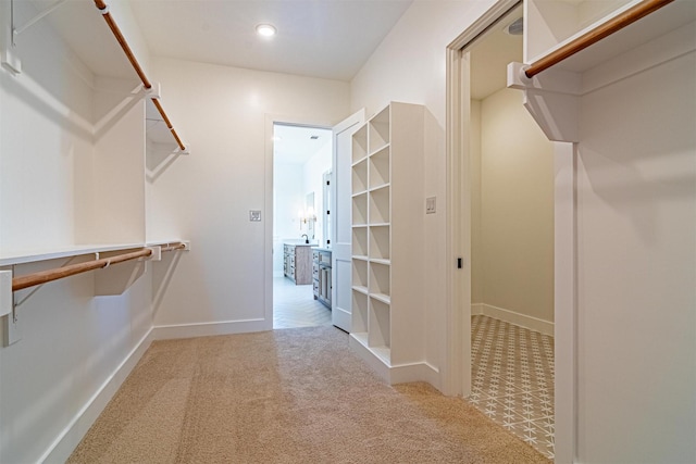 spacious closet featuring sink and light carpet