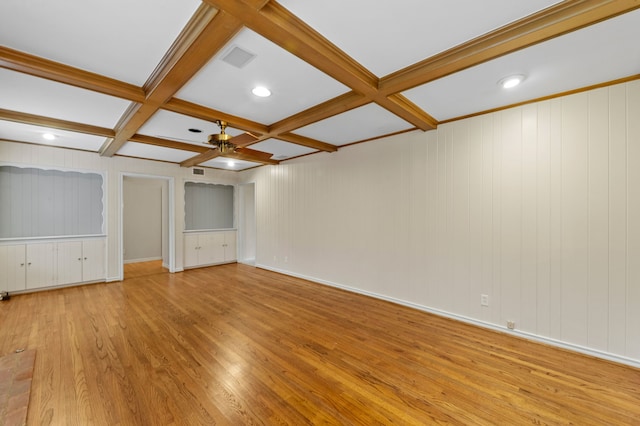 unfurnished room featuring coffered ceiling, beam ceiling, light hardwood / wood-style flooring, and ceiling fan