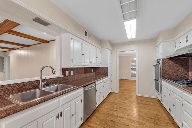 kitchen featuring sink, appliances with stainless steel finishes, white cabinets, light hardwood / wood-style floors, and backsplash