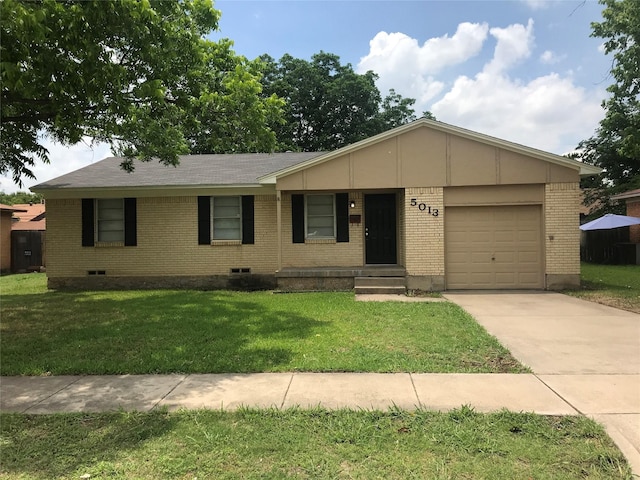 ranch-style house with a garage and a front yard