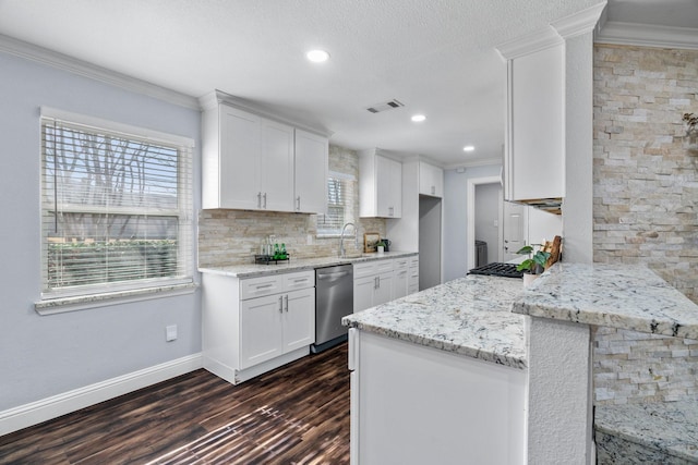 kitchen with dark hardwood / wood-style floors, white cabinetry, dishwasher, sink, and crown molding