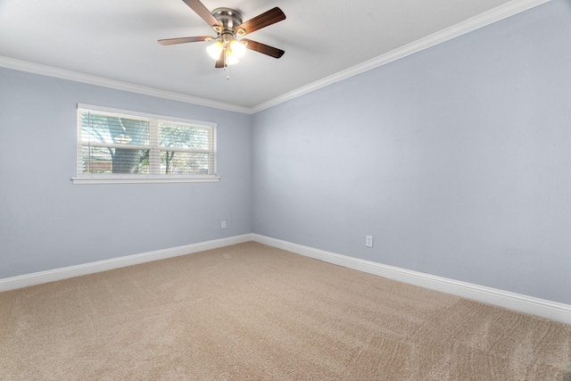 empty room with carpet floors, ornamental molding, and ceiling fan