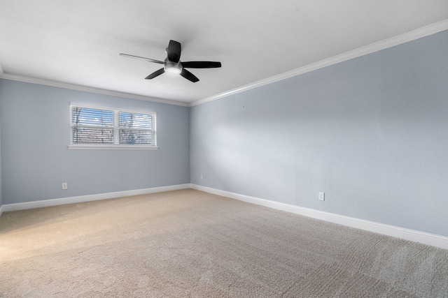 unfurnished room with ceiling fan, ornamental molding, and carpet