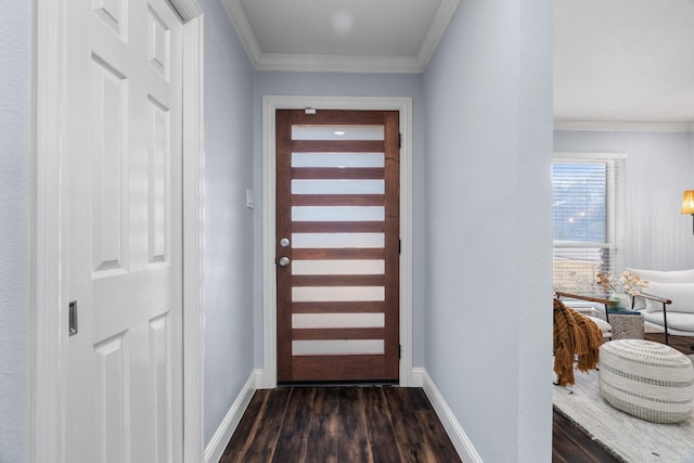 entryway featuring dark wood-type flooring and ornamental molding