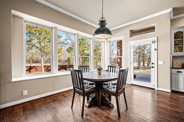 dining room featuring ornamental molding, dark hardwood / wood-style floors, and a healthy amount of sunlight