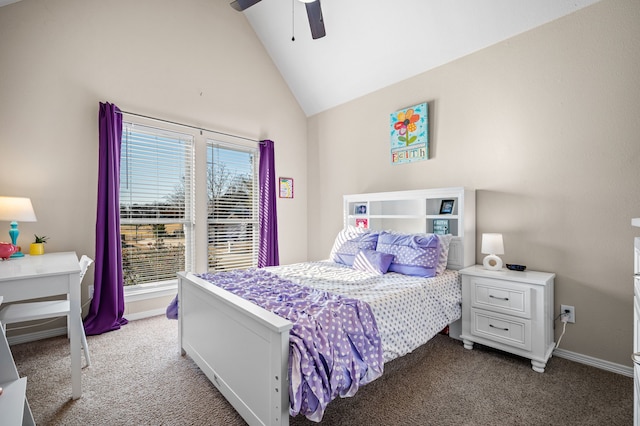 bedroom featuring ceiling fan, carpet flooring, and high vaulted ceiling