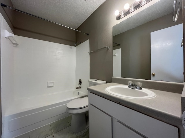 full bathroom with tile patterned flooring, vanity, a textured ceiling, bathtub / shower combination, and toilet