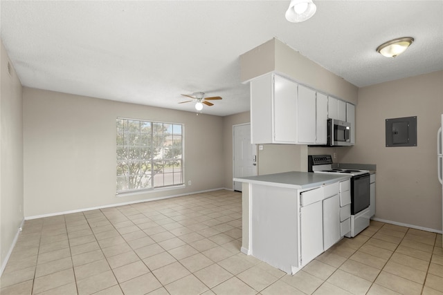 kitchen with electric stove, ceiling fan, white cabinetry, electric panel, and kitchen peninsula