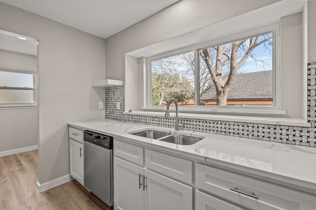 kitchen with white cabinetry, sink, backsplash, stainless steel dishwasher, and light stone counters