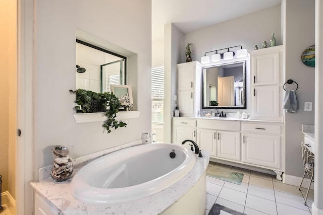 bathroom featuring vanity, tile patterned floors, and shower with separate bathtub