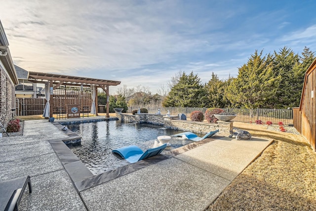 view of swimming pool with a pergola, pool water feature, and a patio area