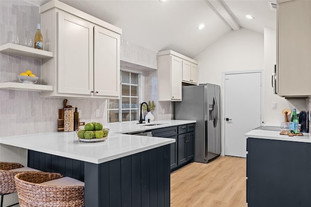 kitchen with sink, appliances with stainless steel finishes, gray cabinets, kitchen peninsula, and white cabinets