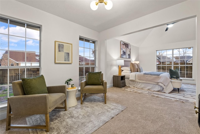 bedroom featuring lofted ceiling and carpet floors