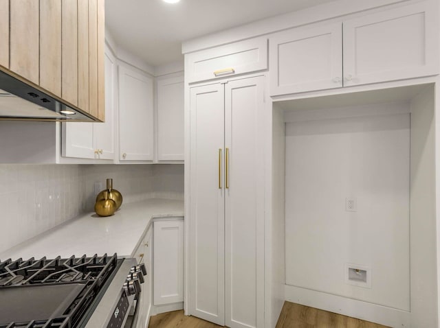 kitchen featuring white cabinetry, light hardwood / wood-style floors, and custom exhaust hood