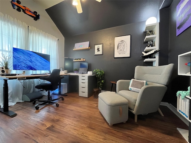 office featuring hardwood / wood-style flooring, lofted ceiling, and ceiling fan