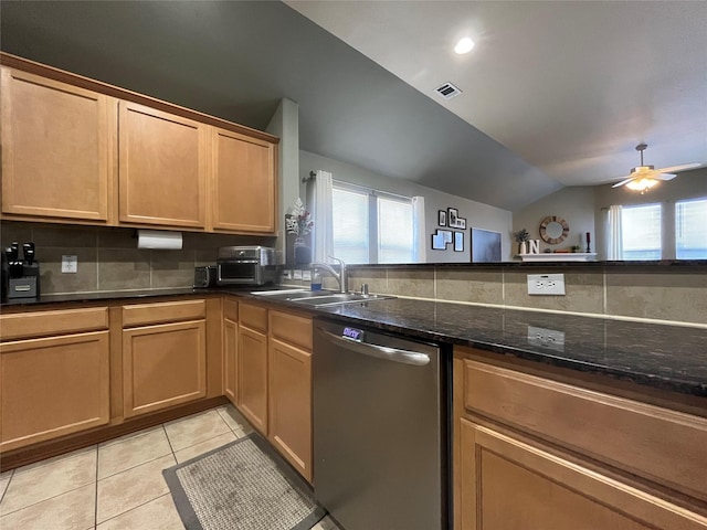 kitchen with sink, light tile patterned floors, plenty of natural light, tasteful backsplash, and stainless steel dishwasher