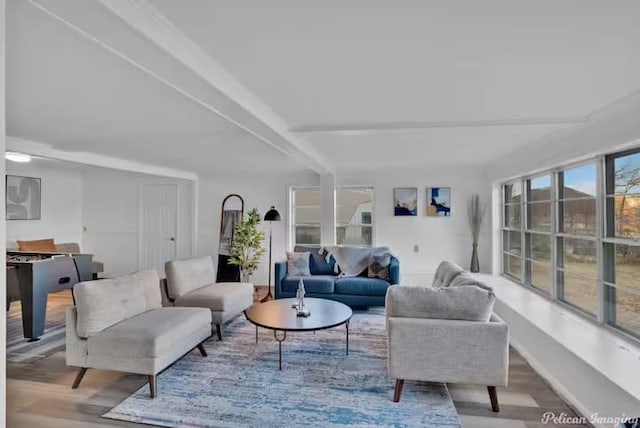 living room with wood-type flooring and beamed ceiling