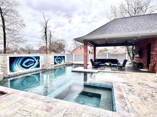 view of pool with an outdoor living space, a patio area, ceiling fan, and an in ground hot tub