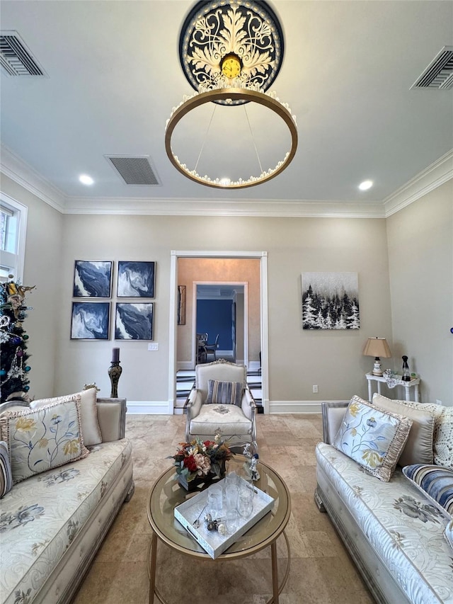 living room featuring crown molding