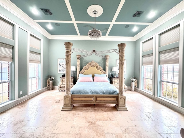 bedroom featuring multiple windows, ornamental molding, and coffered ceiling