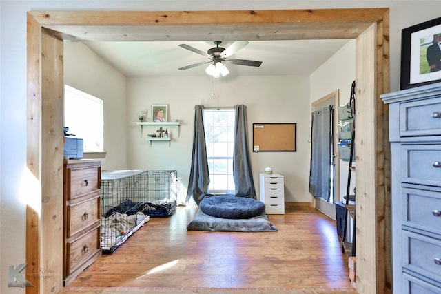 miscellaneous room featuring ceiling fan and light hardwood / wood-style floors