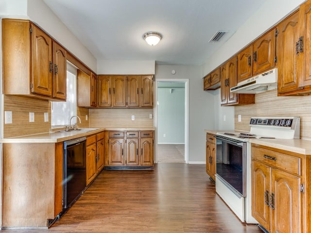 kitchen with dark wood-type flooring, white electric range, sink, black dishwasher, and backsplash