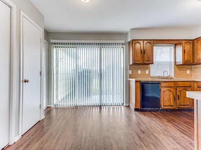 kitchen with tasteful backsplash, sink, dishwasher, and hardwood / wood-style floors