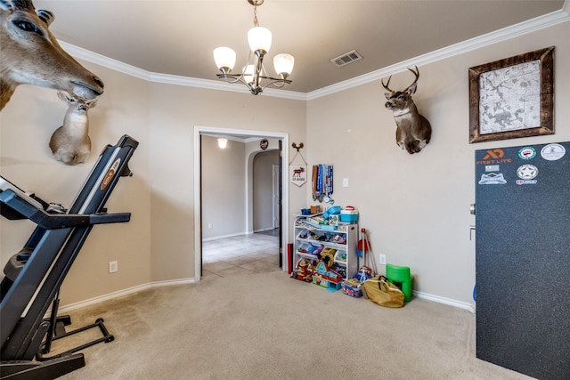 workout room featuring ornamental molding, light colored carpet, and a chandelier