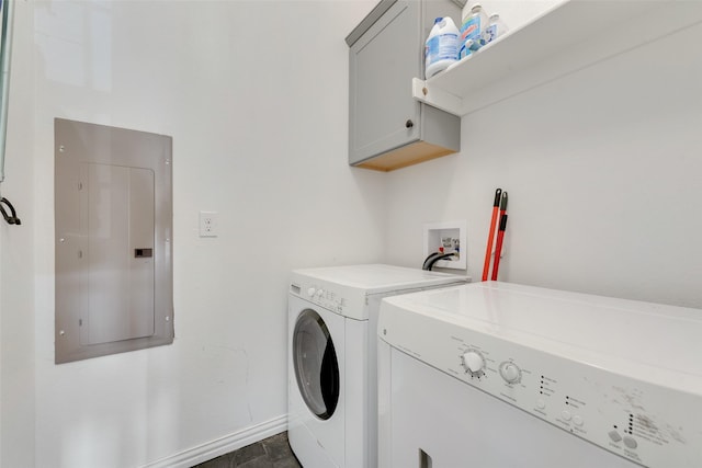 laundry room featuring cabinets, electric panel, and washer and clothes dryer