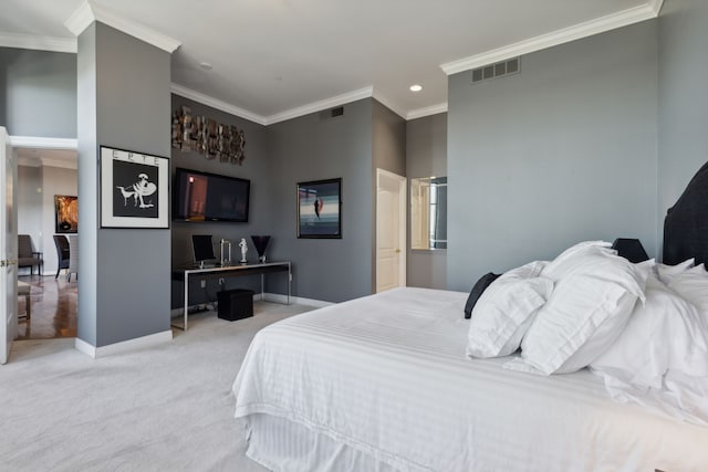 carpeted bedroom featuring ornamental molding