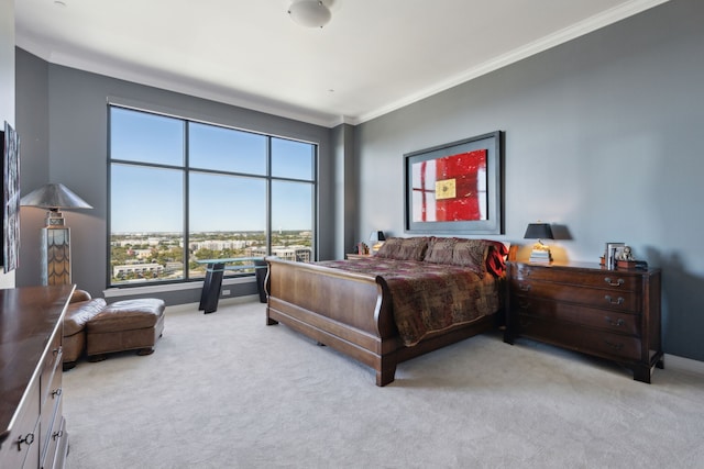 bedroom featuring crown molding and light colored carpet