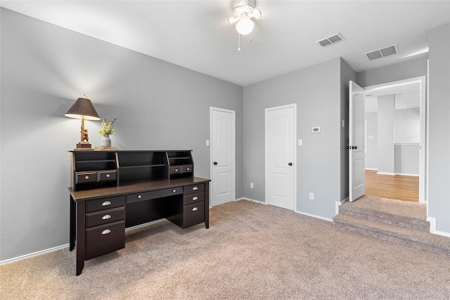 office area featuring carpet flooring and ceiling fan