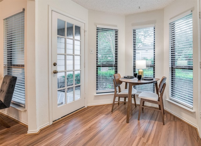 dining room featuring plenty of natural light, a textured ceiling, and light hardwood / wood-style flooring