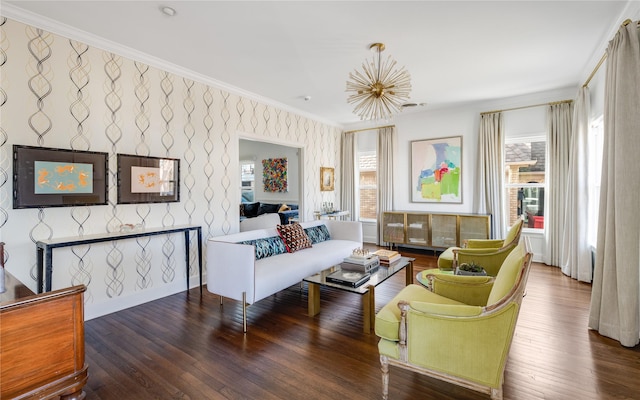 living room featuring ornamental molding, dark hardwood / wood-style floors, and a healthy amount of sunlight