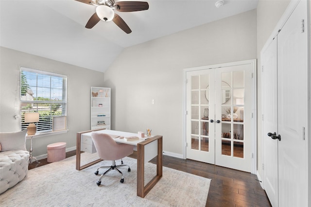 office with french doors, ceiling fan, dark wood-type flooring, and vaulted ceiling