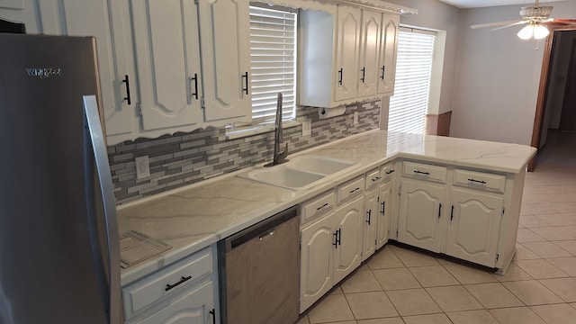 kitchen with white cabinetry, appliances with stainless steel finishes, sink, and kitchen peninsula