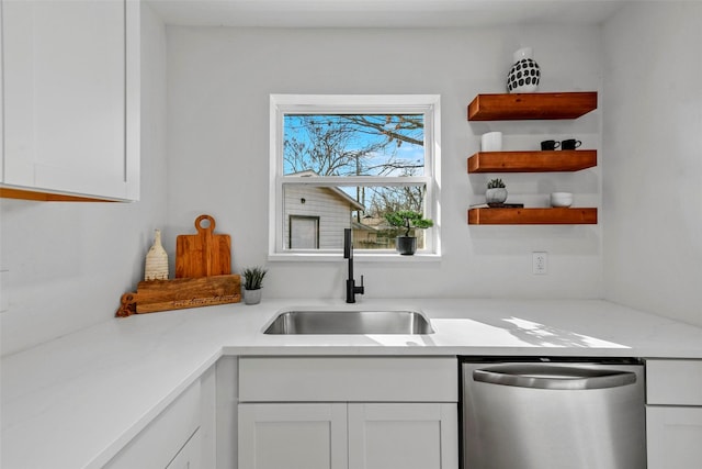 kitchen featuring white cabinetry, dishwasher, and sink