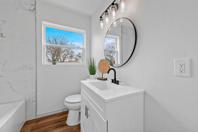 bathroom featuring vanity, wood-type flooring, and toilet