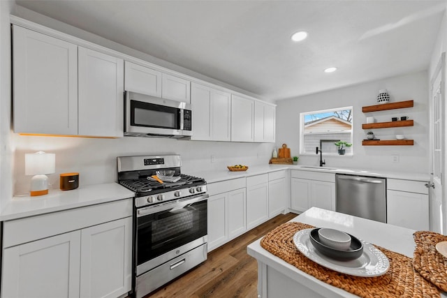 kitchen with white cabinetry, sink, dark hardwood / wood-style floors, and appliances with stainless steel finishes