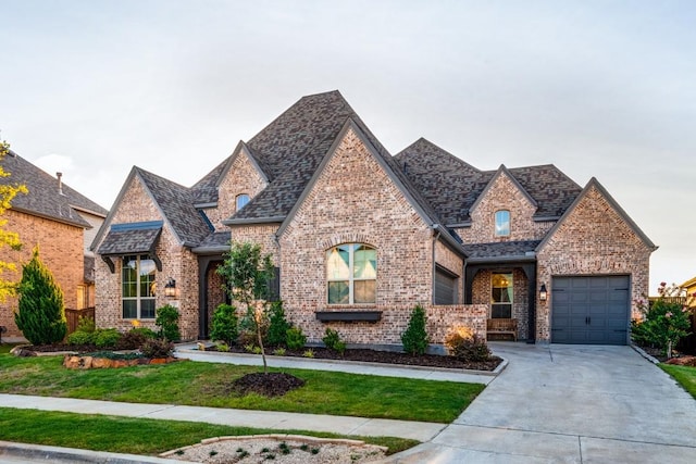 view of front of house with a garage, brick siding, driveway, roof with shingles, and a front yard