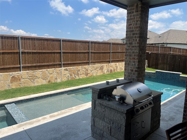 exterior space featuring a fenced in pool, a fenced backyard, grilling area, and area for grilling