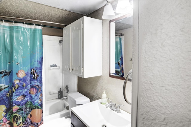 full bathroom featuring toilet, vanity, and shower / bathtub combination with curtain