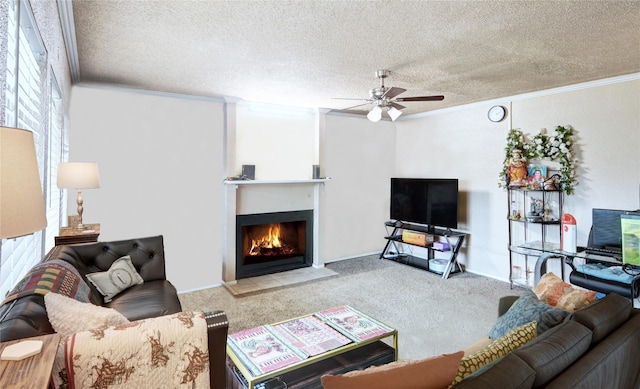 carpeted living room with ceiling fan, crown molding, and a textured ceiling