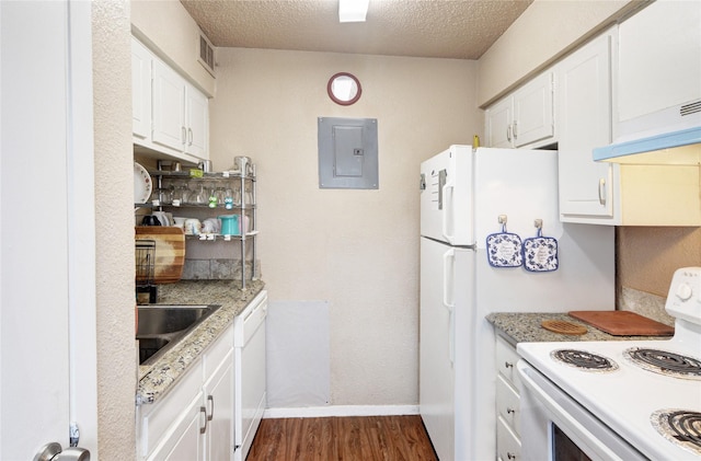 kitchen with sink, white cabinets, white appliances, electric panel, and a textured ceiling