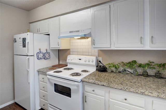 kitchen featuring white cabinetry, white appliances, and decorative backsplash