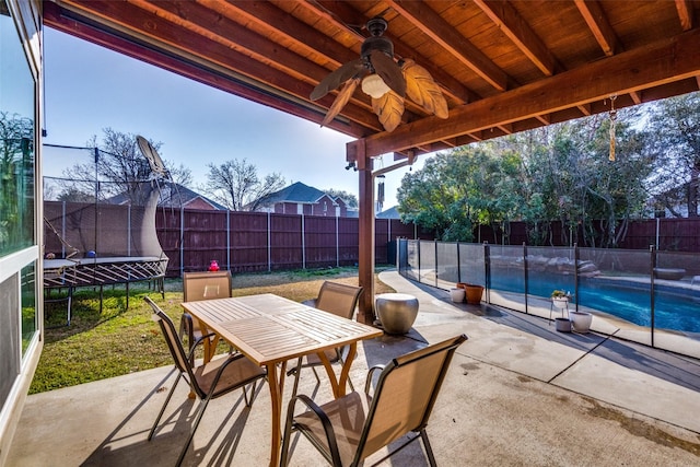 view of patio with a trampoline and a fenced in pool