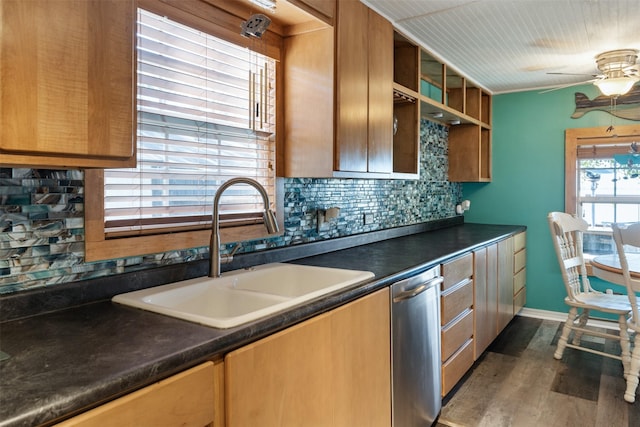 kitchen with sink, dark wood-type flooring, dishwasher, ceiling fan, and decorative backsplash