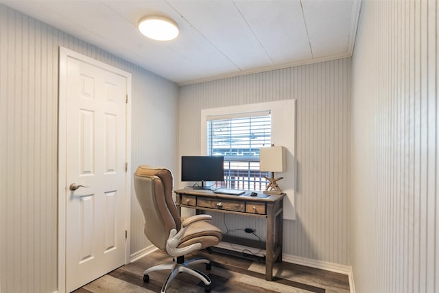 home office with hardwood / wood-style flooring