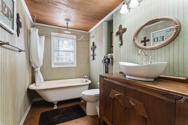 full bathroom featuring wood ceiling, vanity, toilet, and crown molding